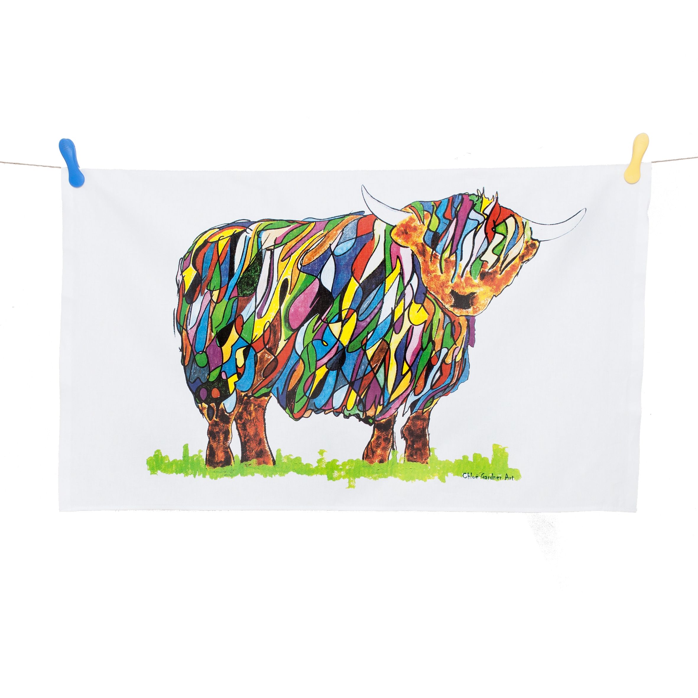 tea towel hanging bright highland cow