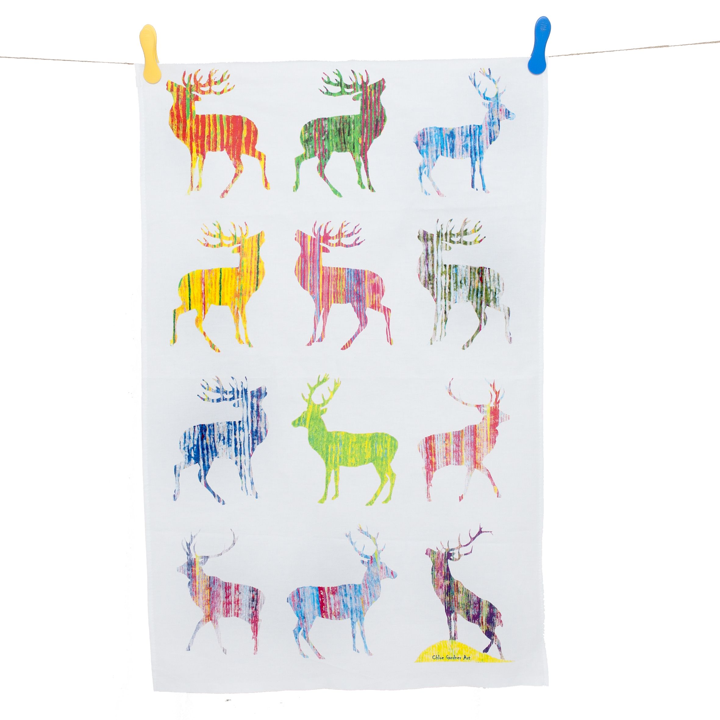 tea towel hanging on white multi stags