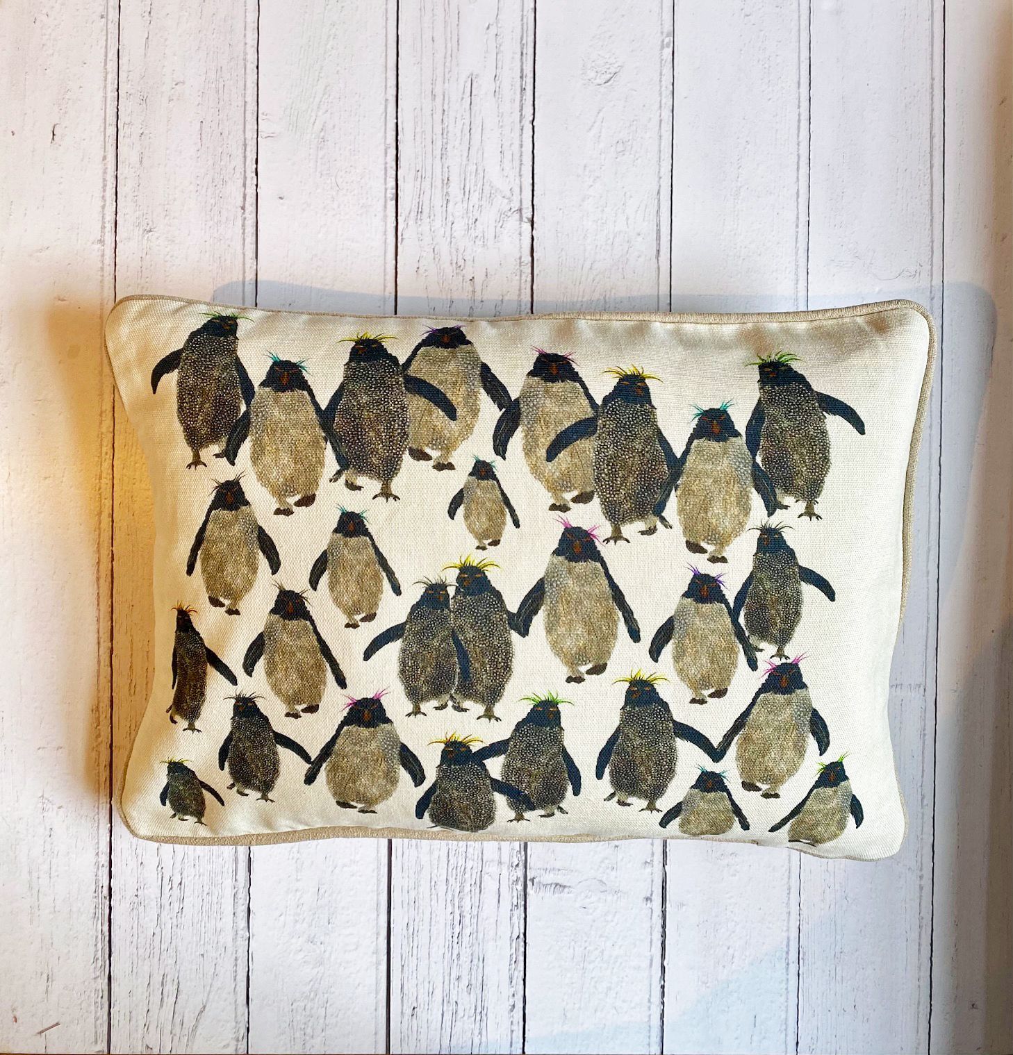 Rockhopper repeat cushion small with natural piping onwhite wood A
