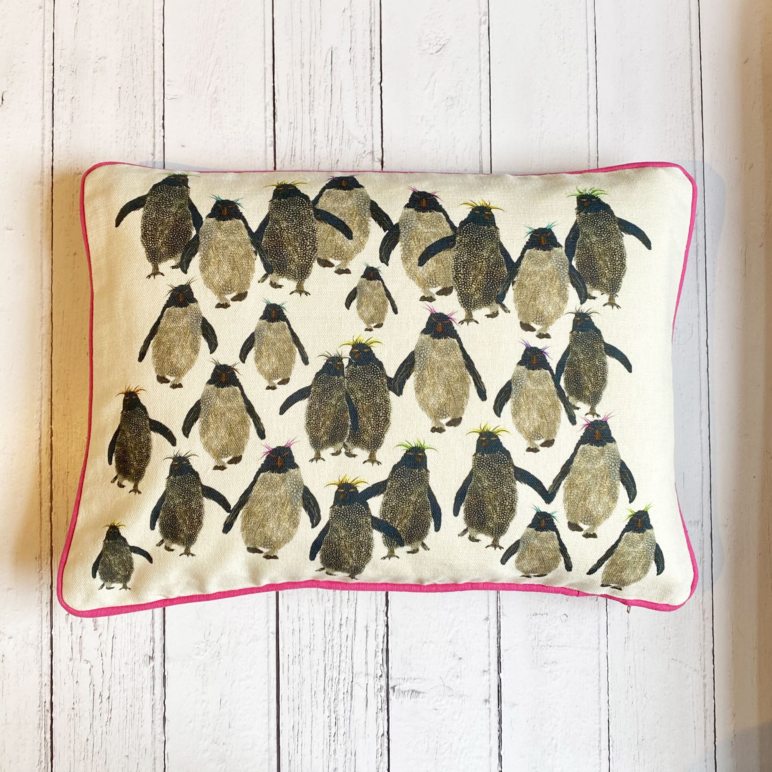 Rockhopper repeat cushion small with pink piping onwhite wood A