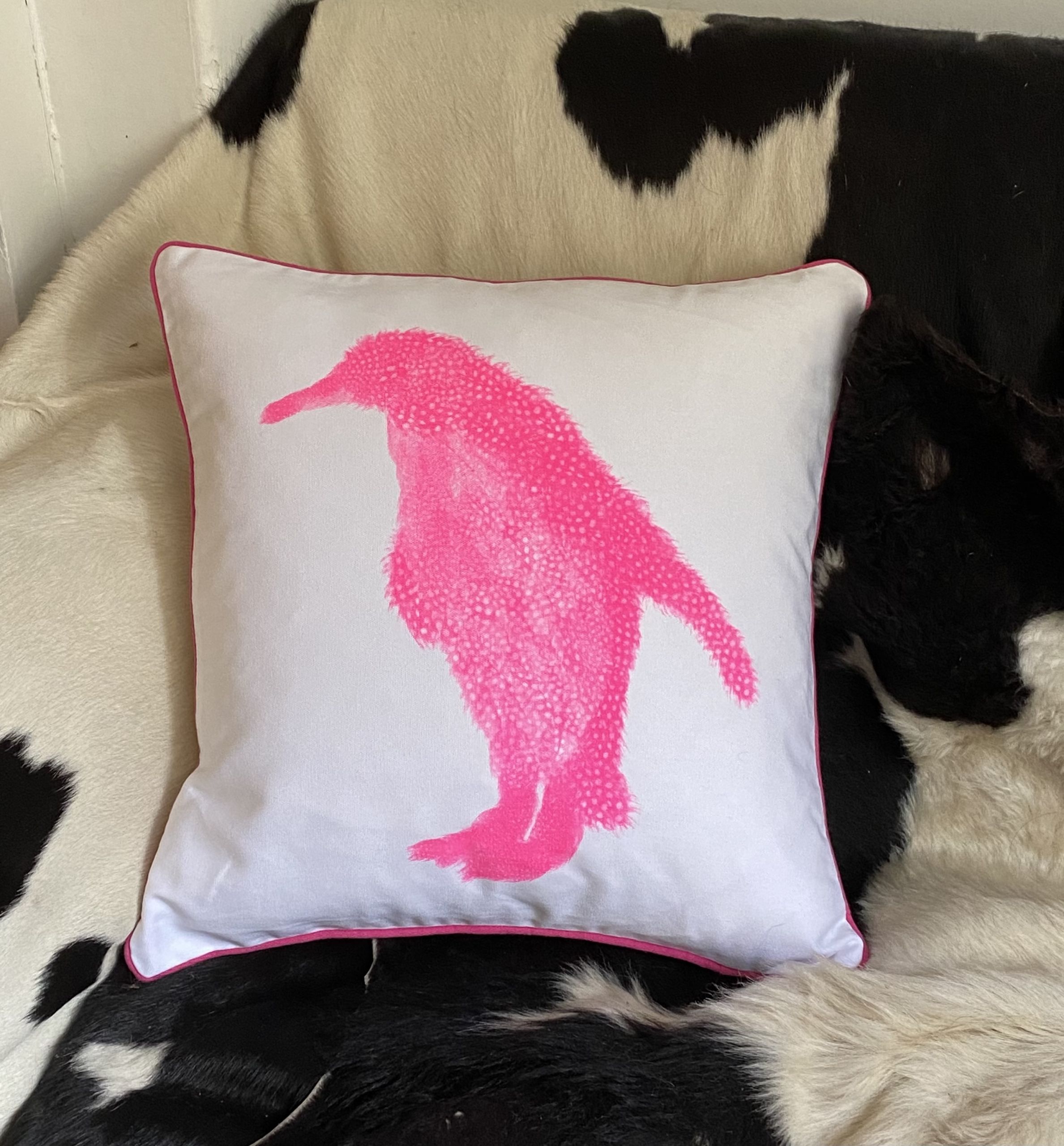 flouro pink penguin cushion