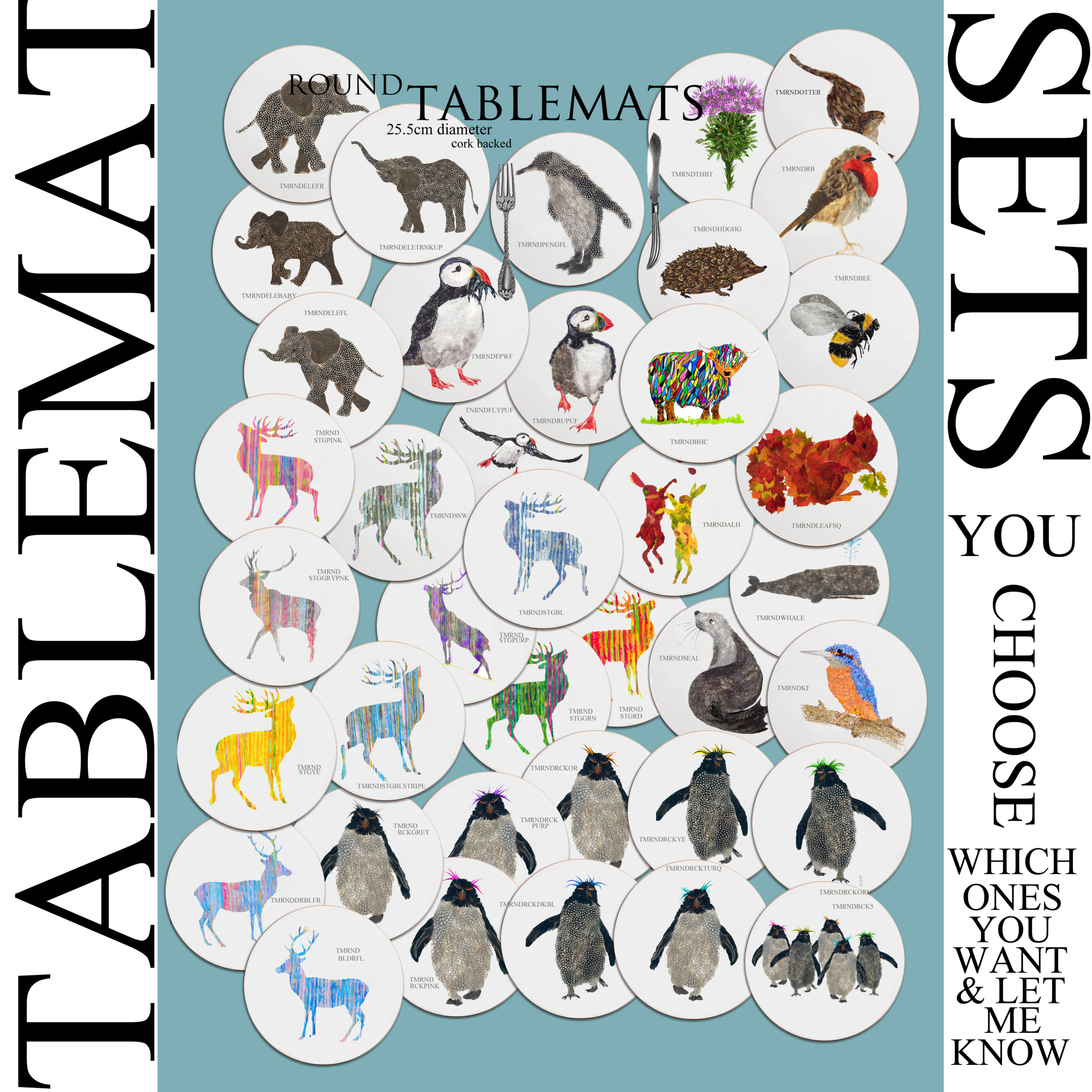 ROUND TABLEMATS - Set of 5 -  Your choice of designs