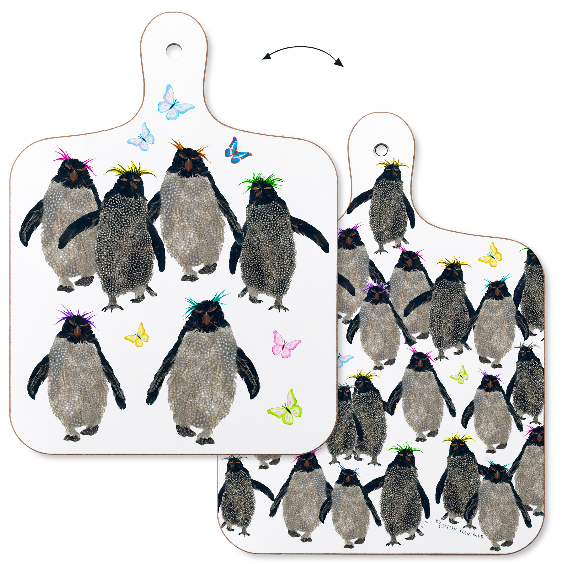 CHOPPING BOARD - SMALL- Rockhopper Penguins with Butterflies
