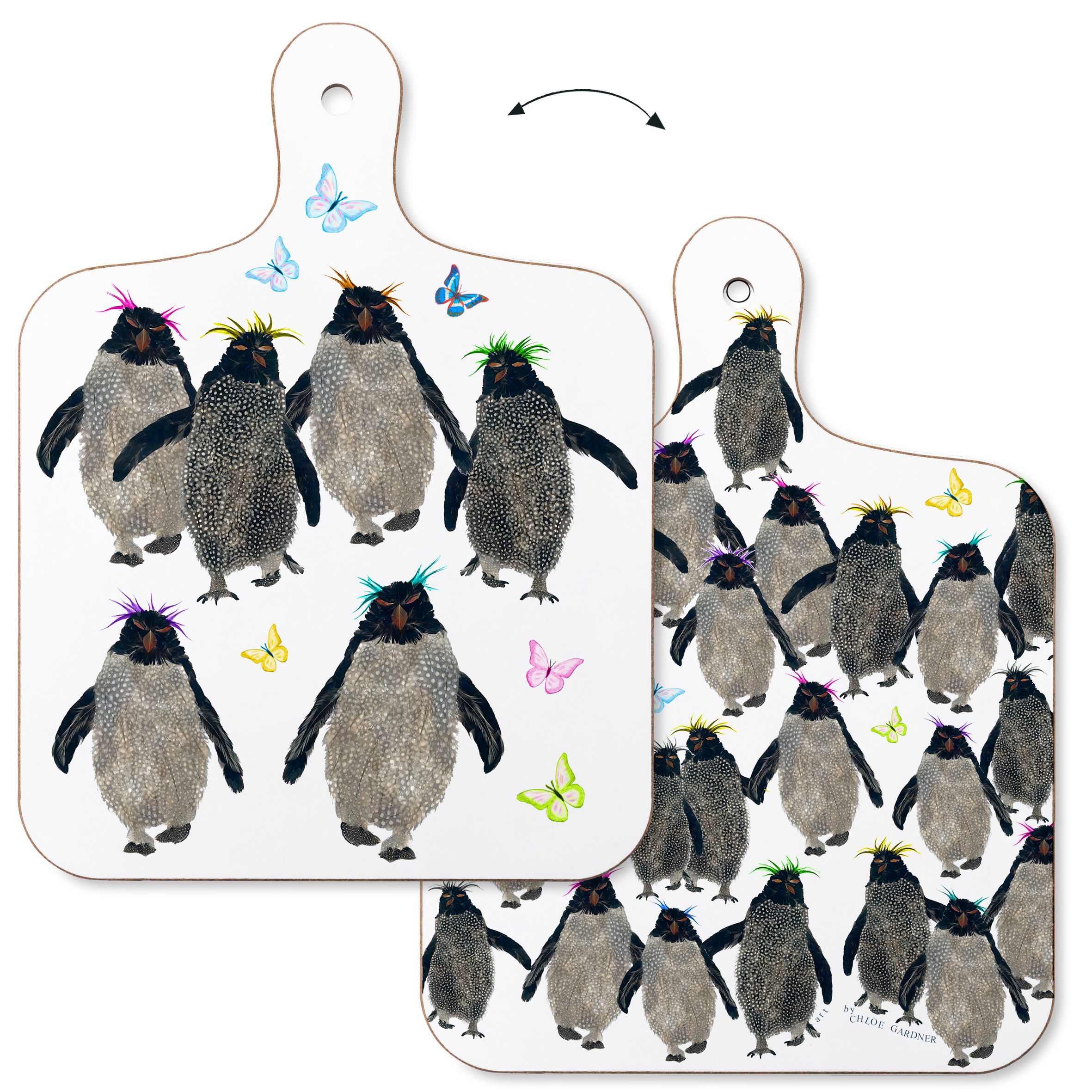CHOPPING BOARD - SMALL- Rockhopper Penguins with Butterflies