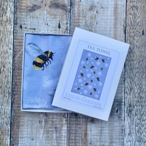 A GIFT BOXED TEA TOWEL - BEES & FEATHER FLOWERS ON GREY
