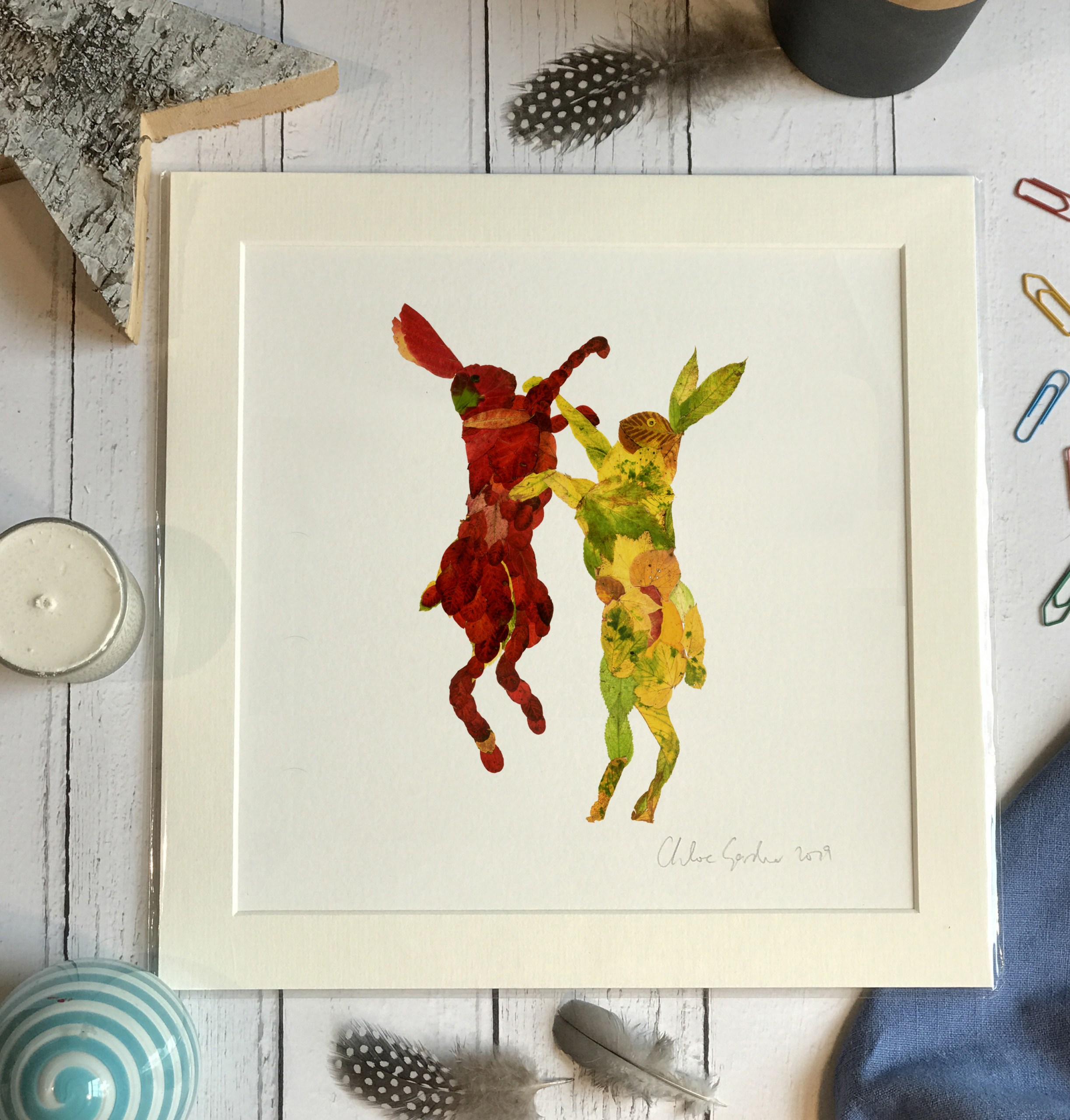 Unframed Print - Square in a mount and bag for 12 inch frame - BOXING LEAF HARES  (Avail:3 04/26)