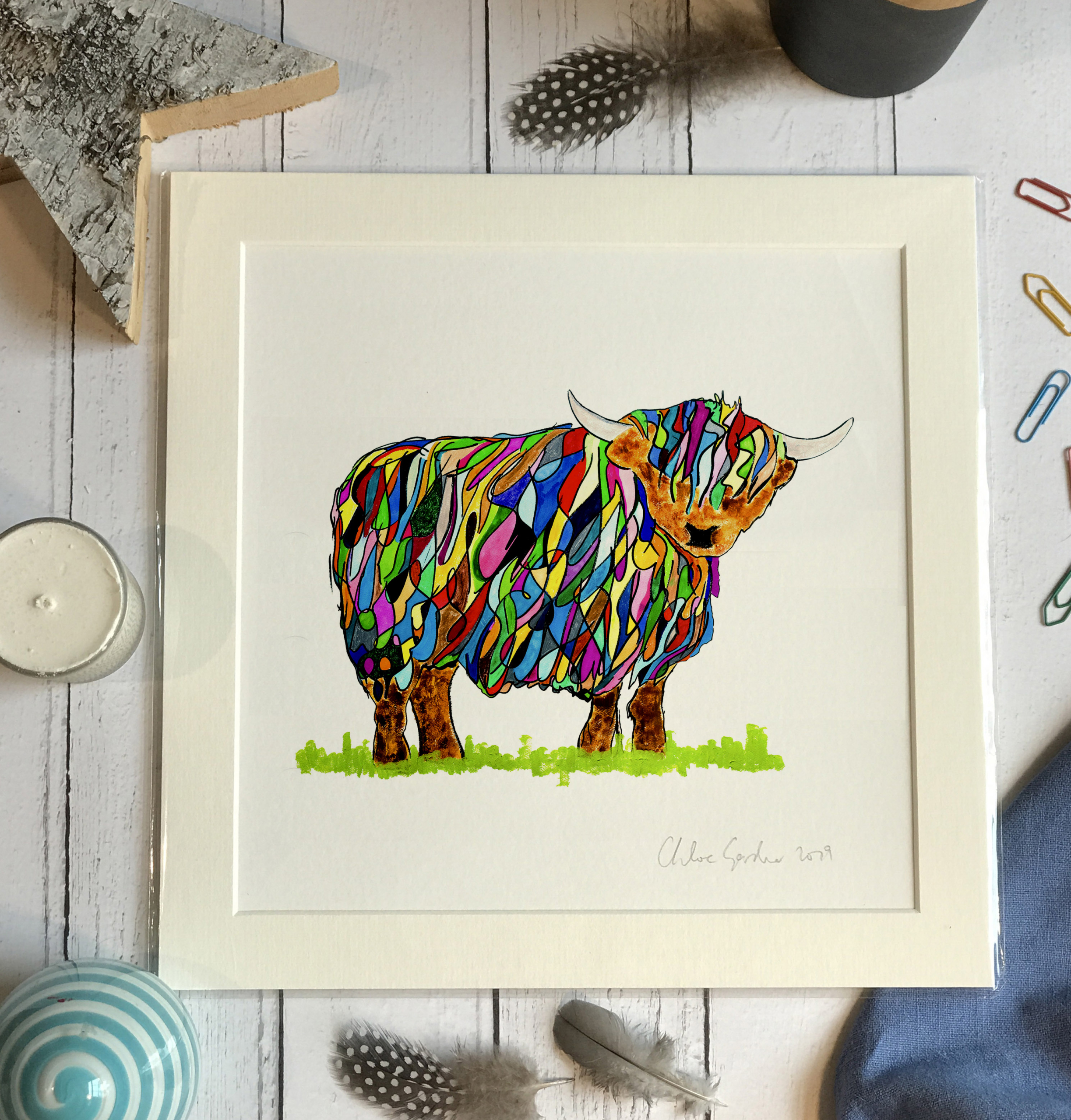 UNFRAMED Print - Square in a mount and bag for 12 inch frame - Bright Highland Cow (Avail:5 04/26)