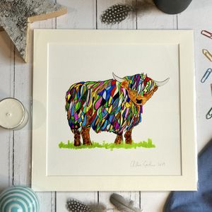 Mini Print 8 inch - Square in a mount and bag for 8 inch frame - Bright Colourful Highland Cow  (Avail:3 04/26)
