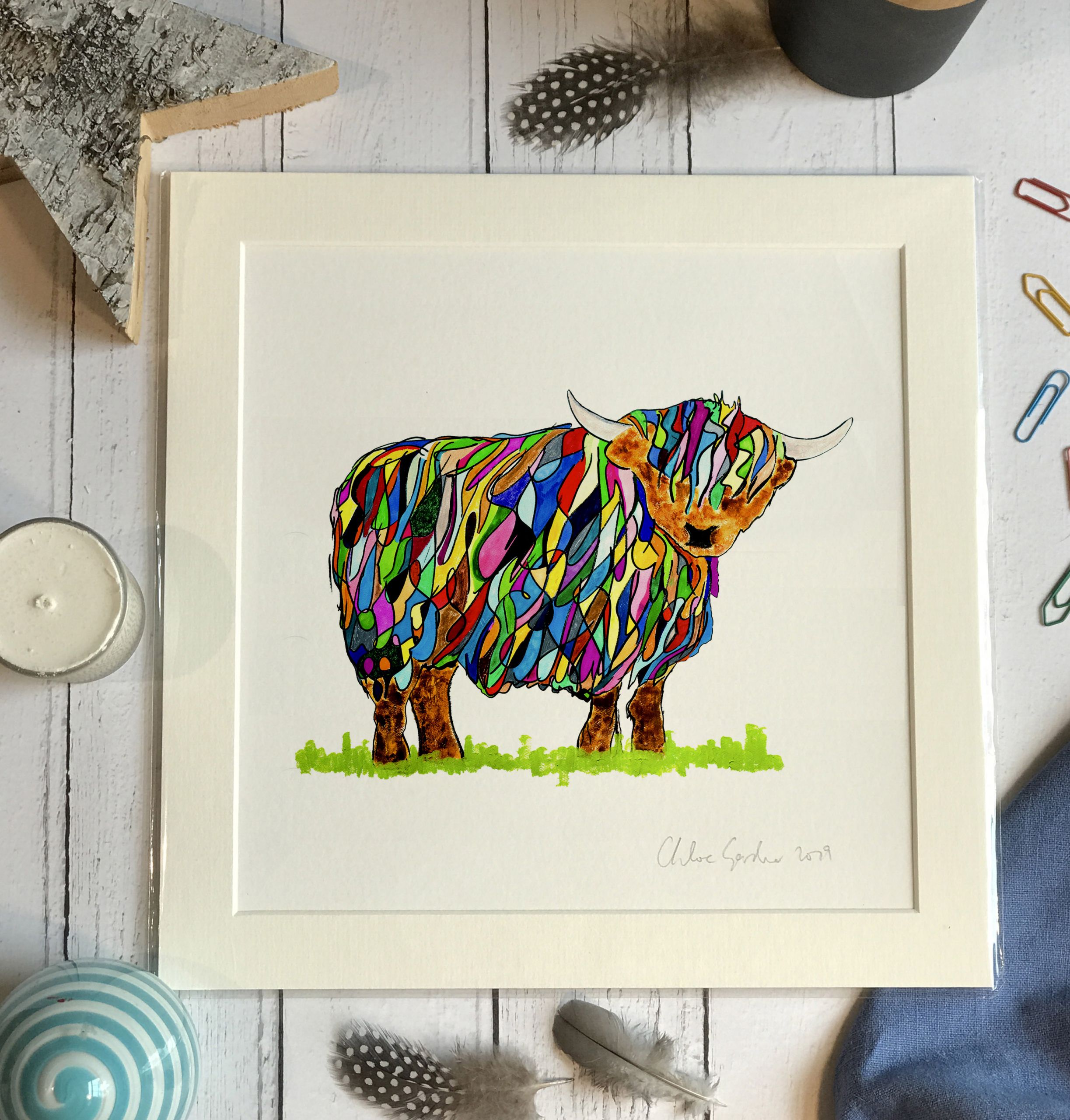 UNFRAMED Print - Square in a mount and bag for 12 inch frame - Bright Highland Cow (Avail:5 04/26)