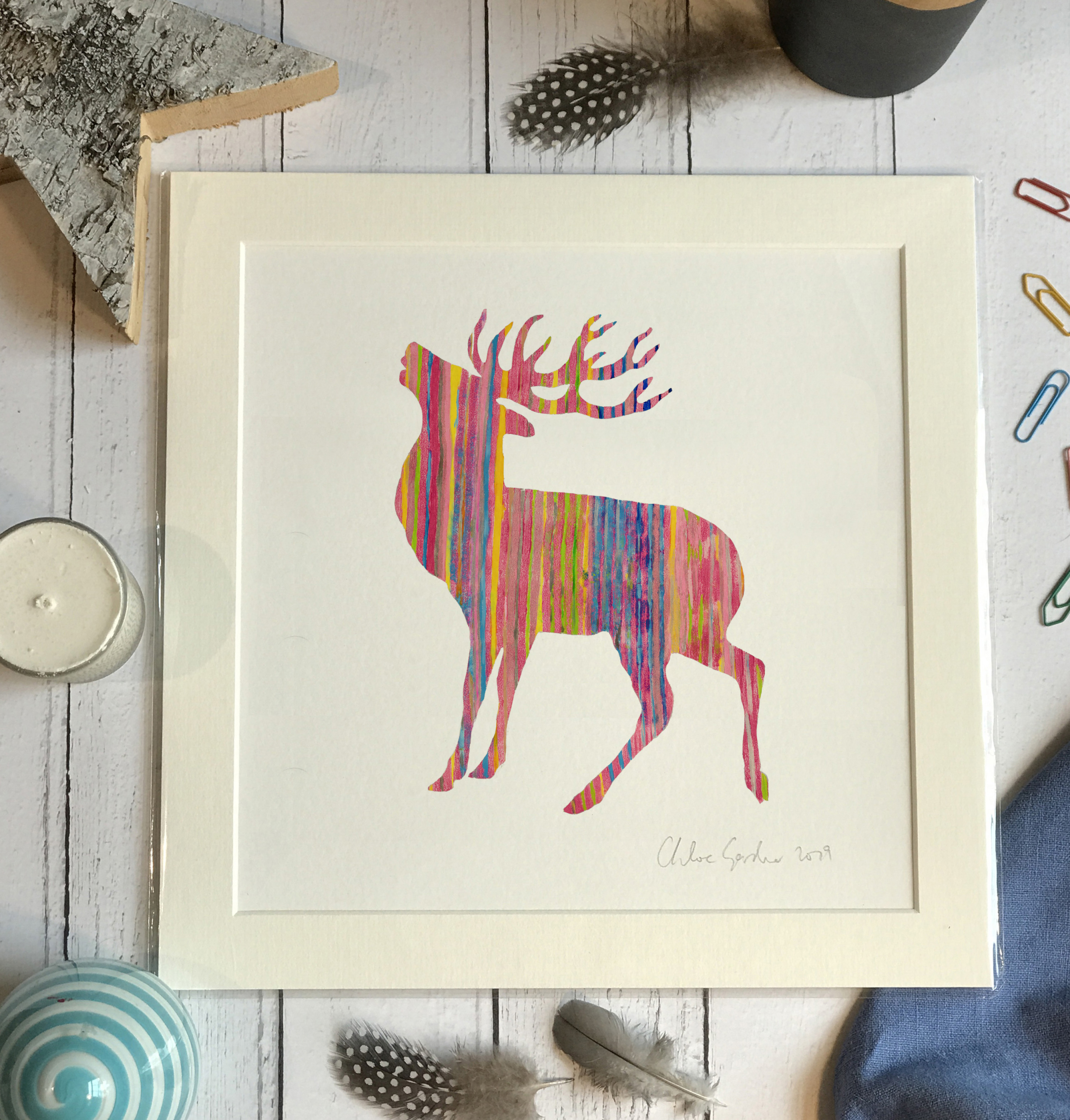 Unframed Print - Square in a mount and bag for 12 inch frame - Pink Stag FL  (Avail:2 04/26))