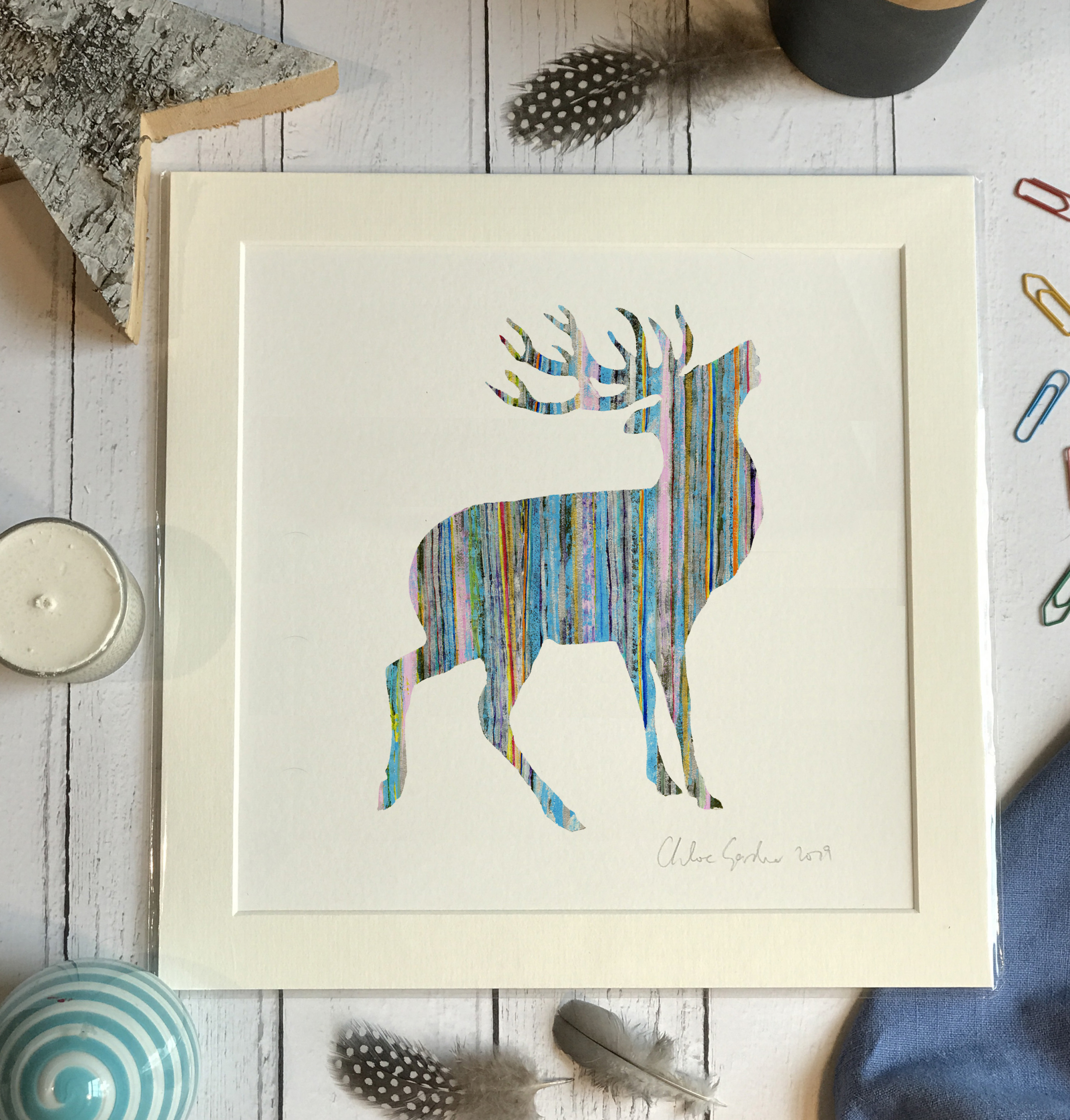 Unframed Print - Square in a mount and bag for 12 inch frame - Stripy Stag  (Avail:2 04/26)