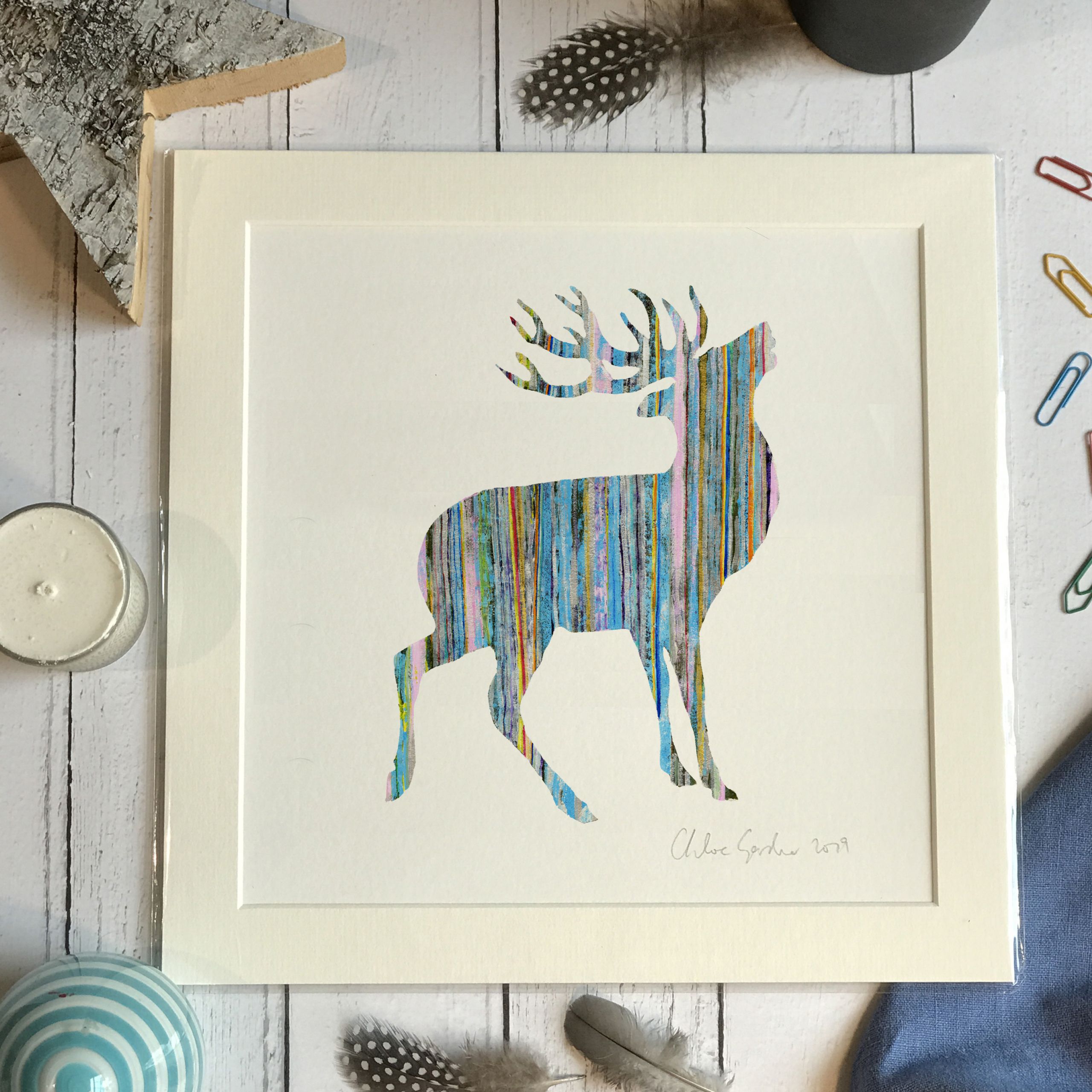 Mini Print - Square in a mount and bag for 8 inch frame - Blue Stripey Stag  (Avail:3 04/26)