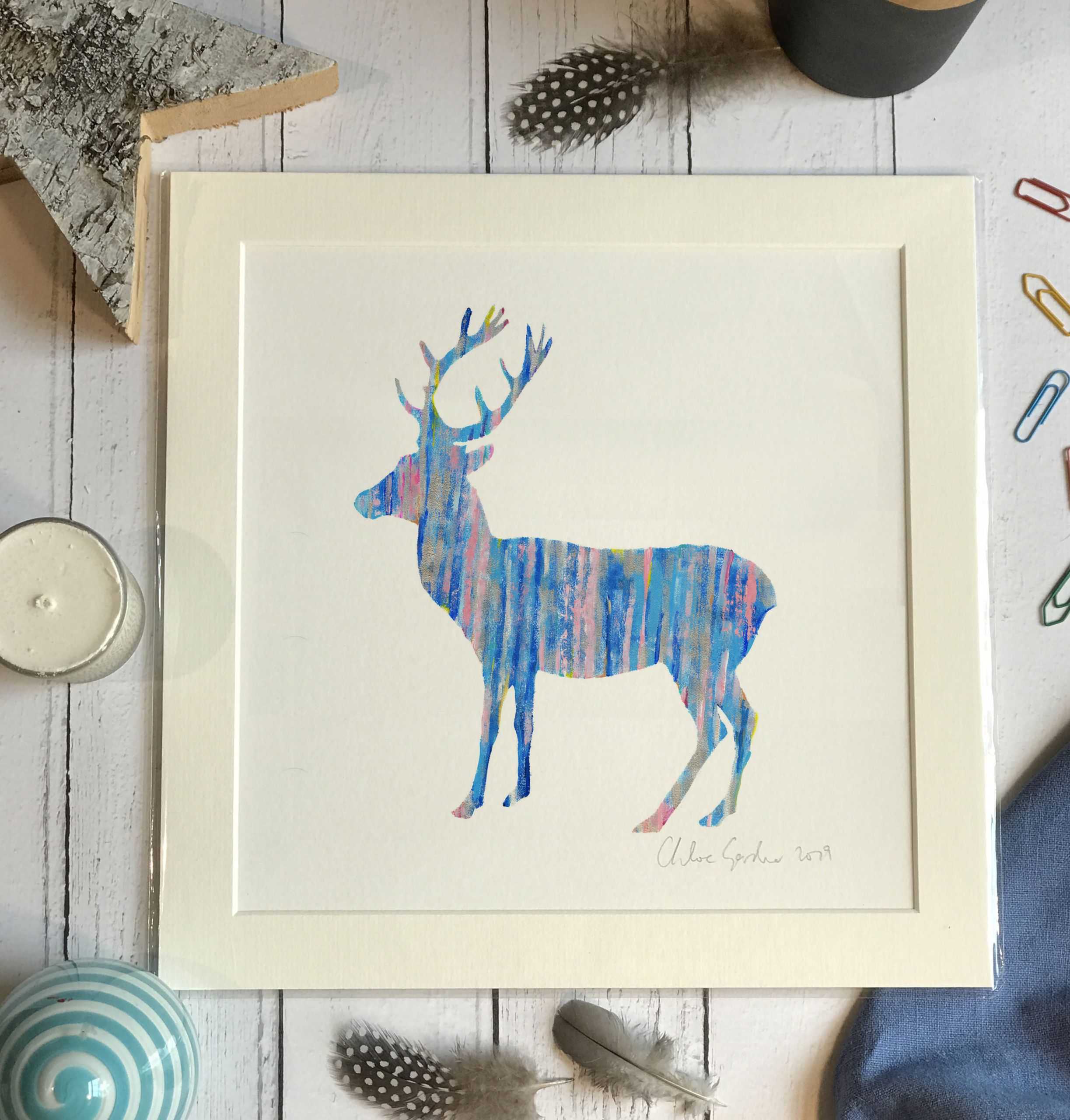 Mini Print - Square in a mount and bag for 8 inch frame - Blue Deer (antlers up above) (Avail:0 04/26))