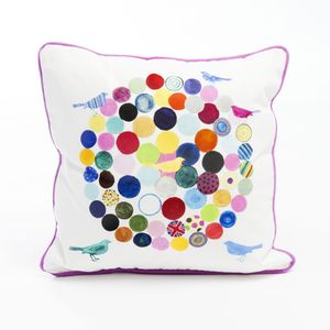 *SALE* COTTON SQUARE CUSHION COVER - Circles and Birds (Pink Piping) SP23