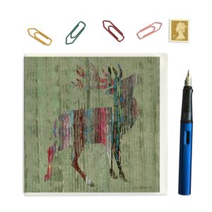 PACK OF THREE - CARD SQUARE - GREENY PINK STAG ON GREEN BACKGROUND