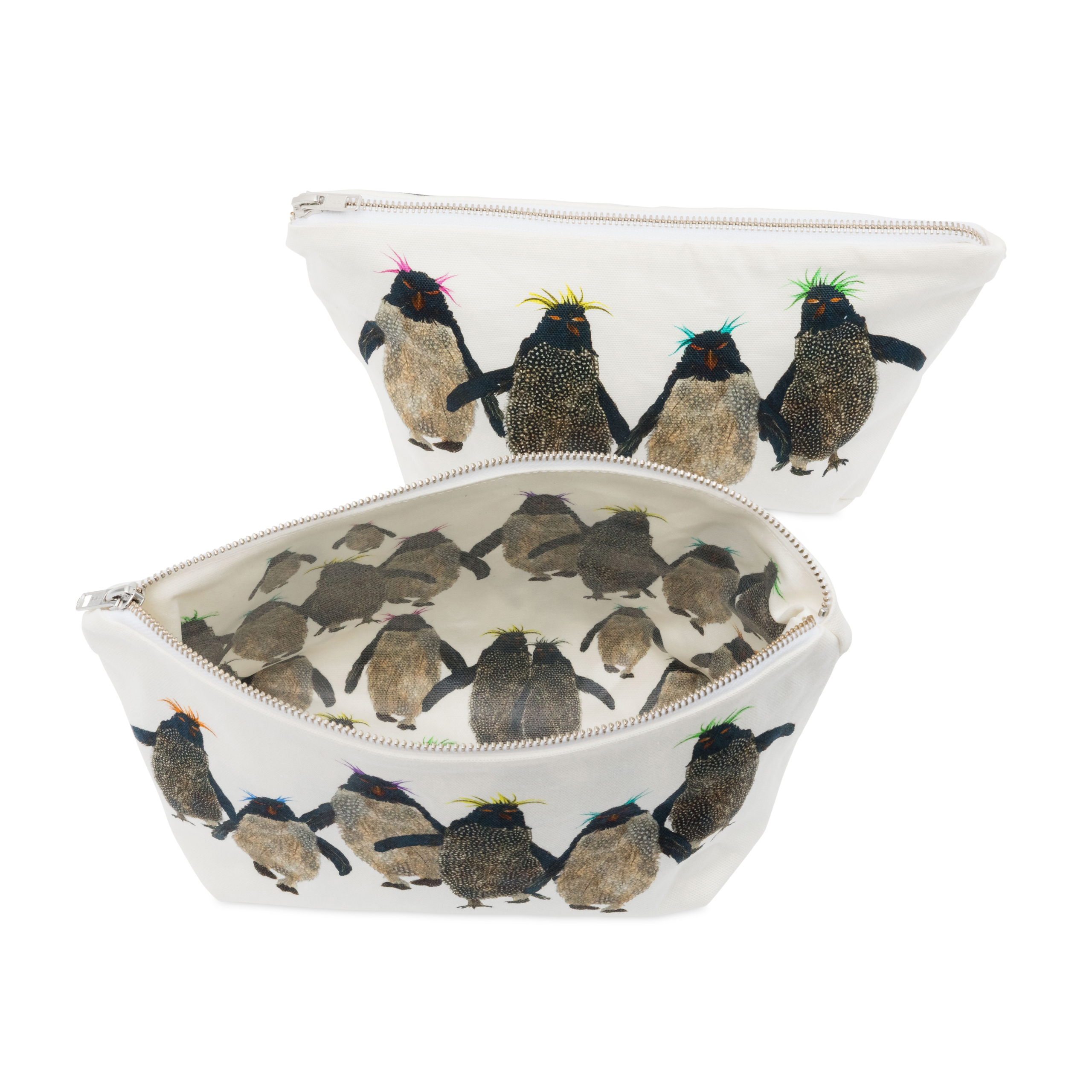Washbag 3 - Rockhopper penguin design - printed oil cloth inside to surprise you & make you smile! - ONE LEFT