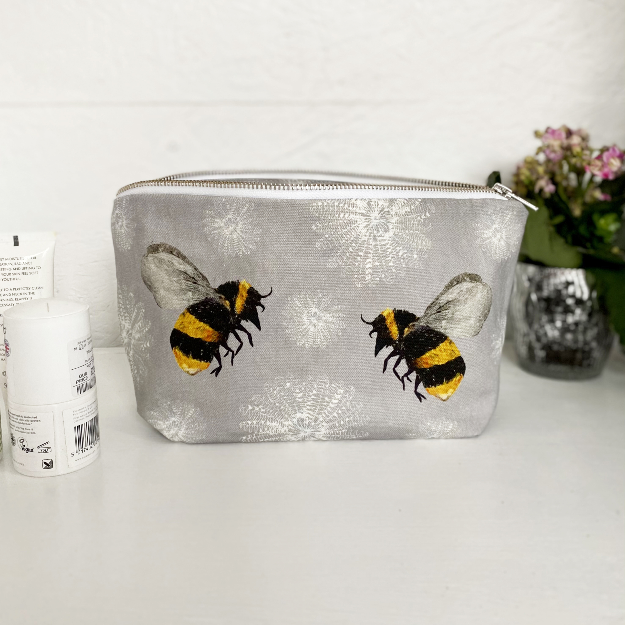 Washbag 2 - Bee Washbag with feather flower design - printed NYLON inside to surprise you & make you smile!