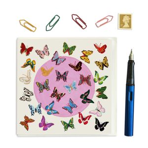 PACK OF THREE - CARD SQUARE - Butterflies on white with a pink circle
