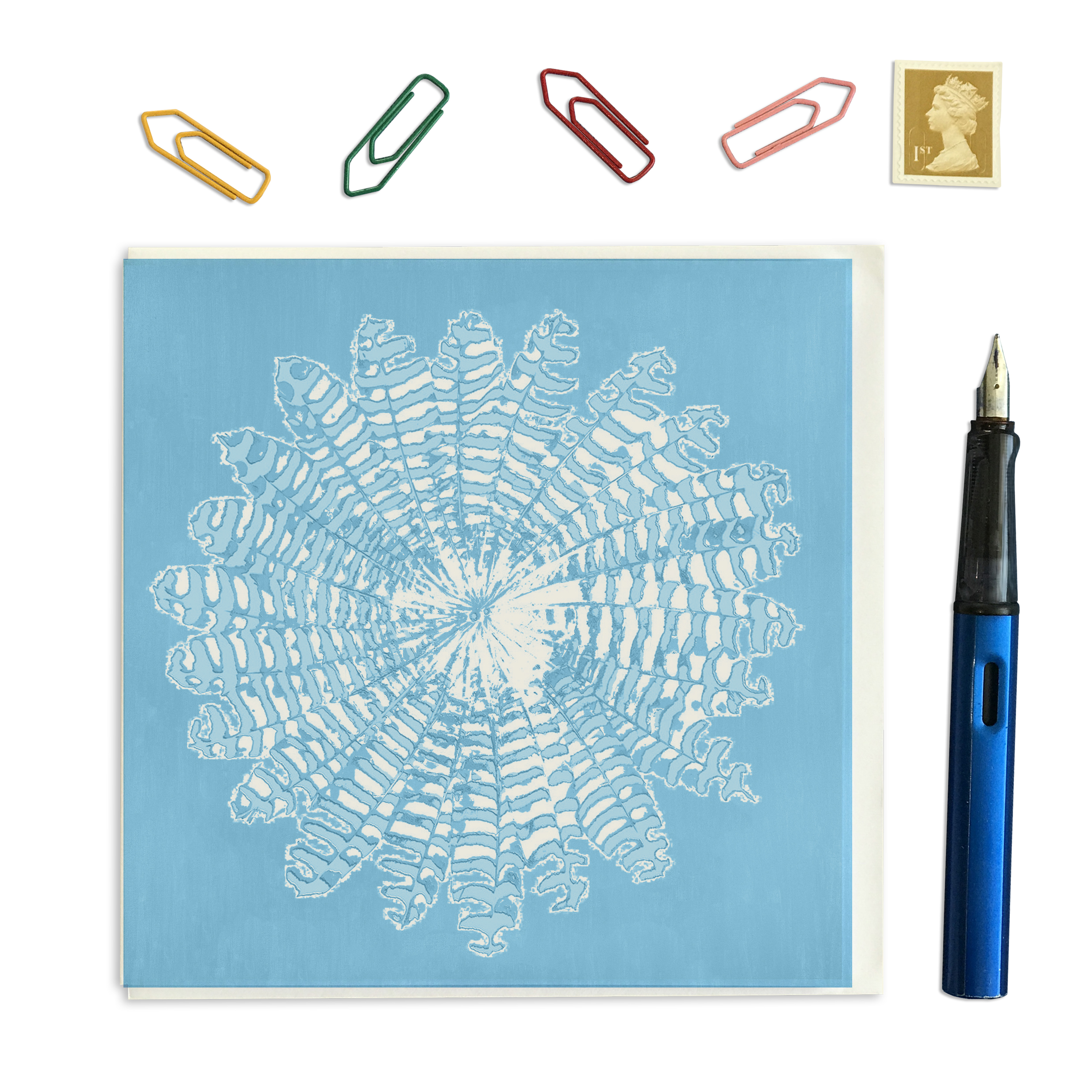 PACK OF THREE - CARD SQUARE - White on Blue Feather Round