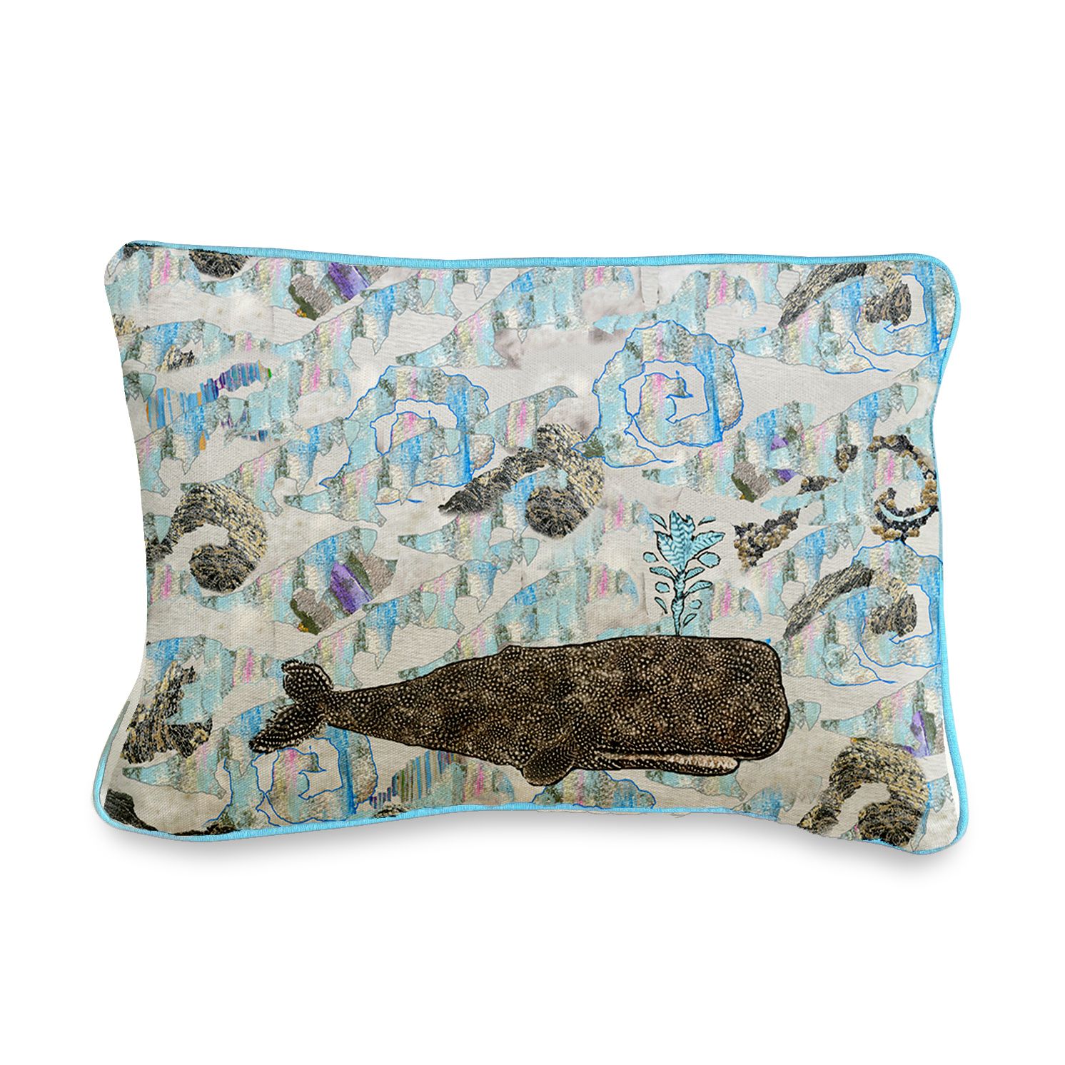 1MB whale and waves oblong cushion on white