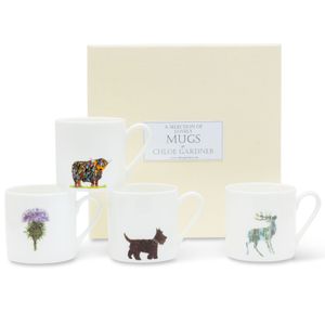 ESPRESSO MUGS GIFT SET - FOUR espresso mugs (Colourful Highland Cow, Stag, Thistle, Scottie Dog) with coffee in a luxury gift box