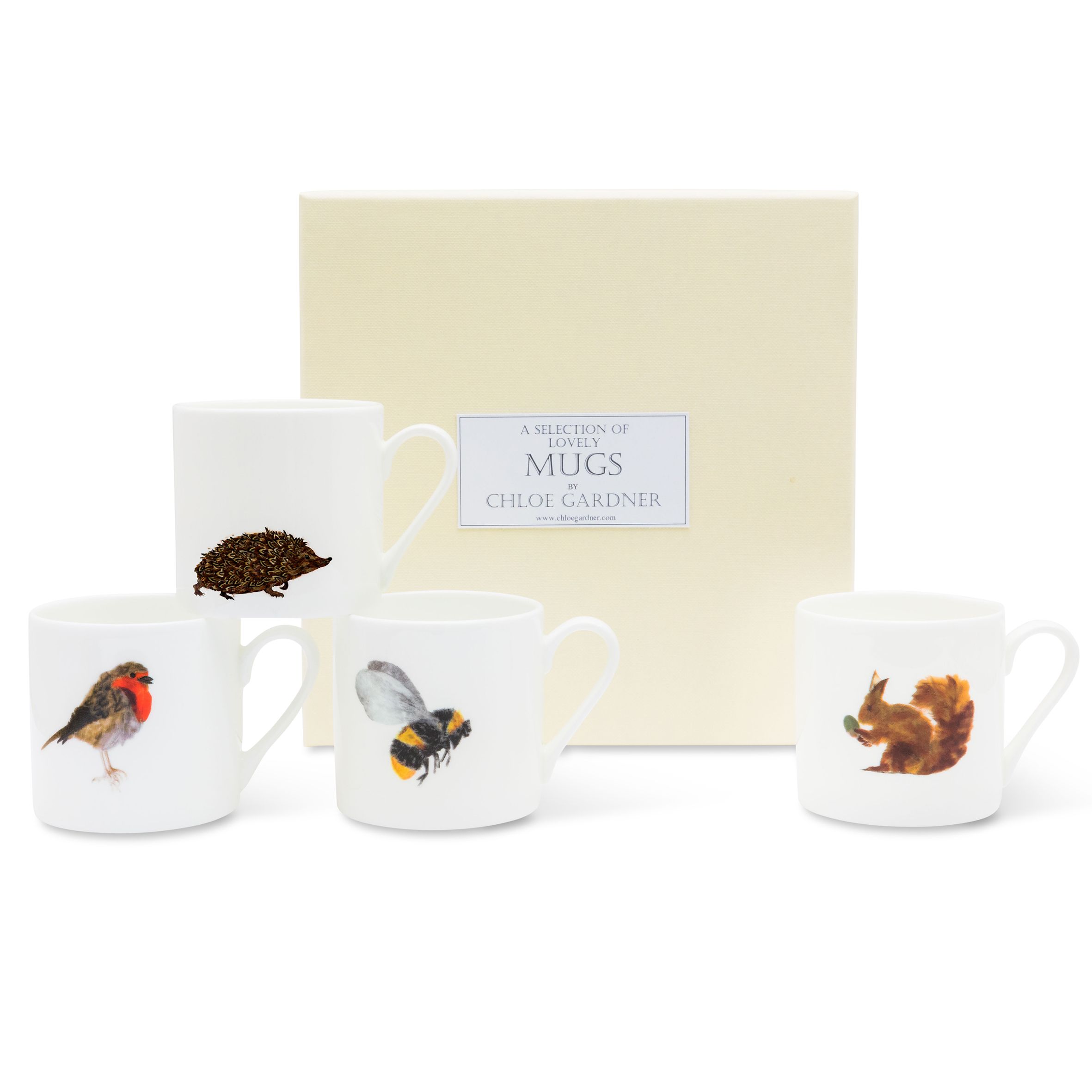 ESPRESSO MUGS GIFT SET - FOUR Espresso mugs (Hedgehog, Robin, Bee, Squirrel) with coffee in a luxury gift box