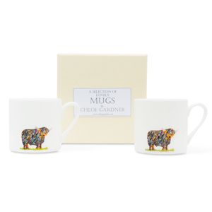 ESPRESSO MUGS GIFT SET - TWO bright highland cow espresso mugs with coffee in a luxury gift box