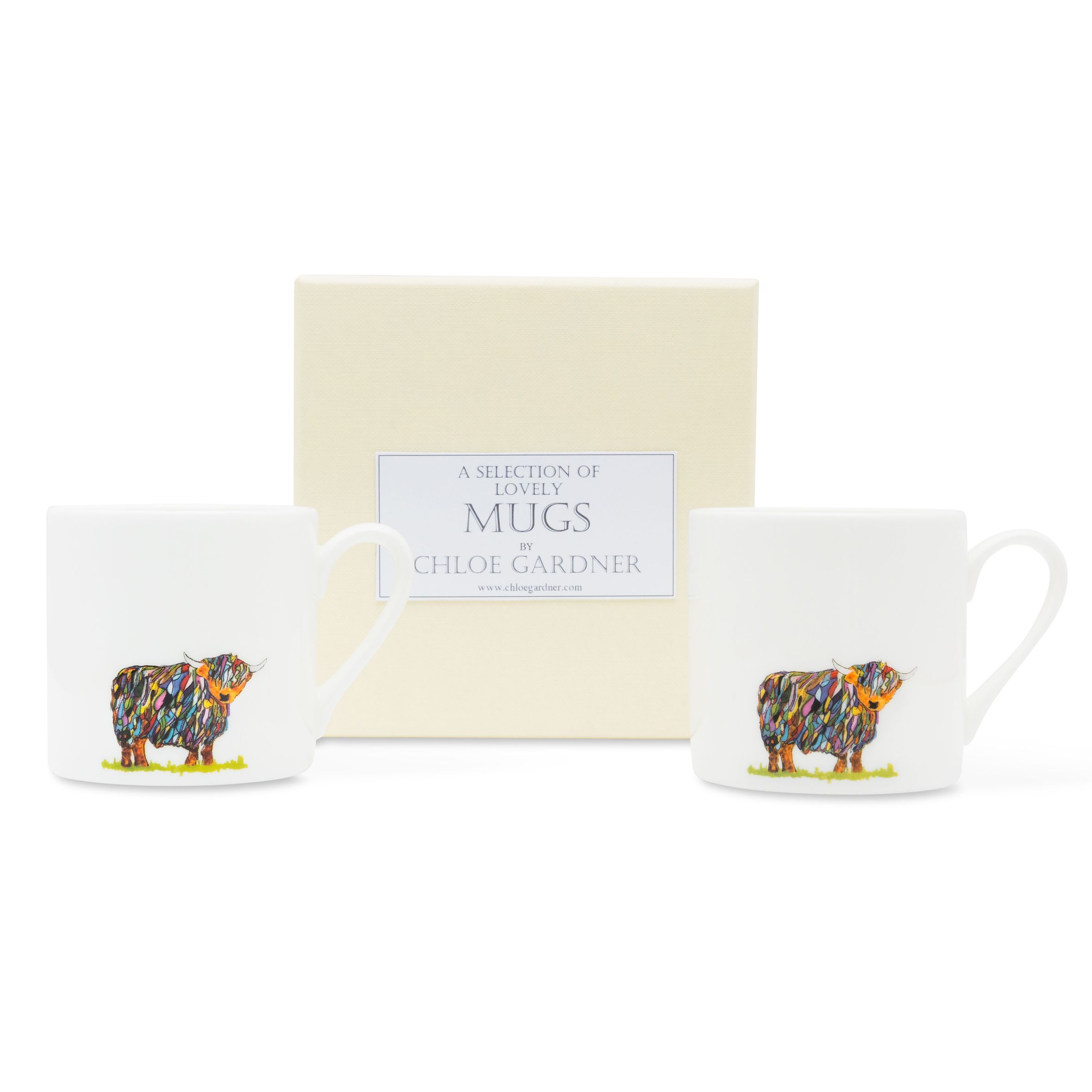 ESPRESSO MUGS GIFT SET - TWO bright highland cow espresso mugs with coffee in a luxury gift box
