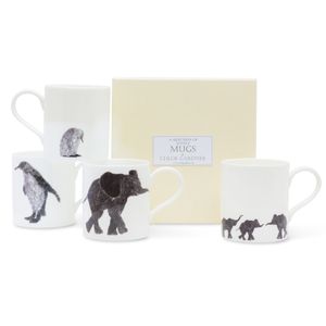 POP MUGS & COFFEE GIFT SET - FOUR Medium POP Mugs (Elephant, Elephant Parade, Penguin, Penguin & Baby) with coffee in a luxury gift Box