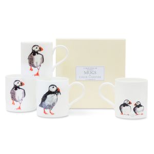 POP MUGS & COFFEE GIFT SET - FOUR Medium POP Mugs (2 x Running Puffin, 2 x Puffin with Fish) with coffee in a luxury gift box