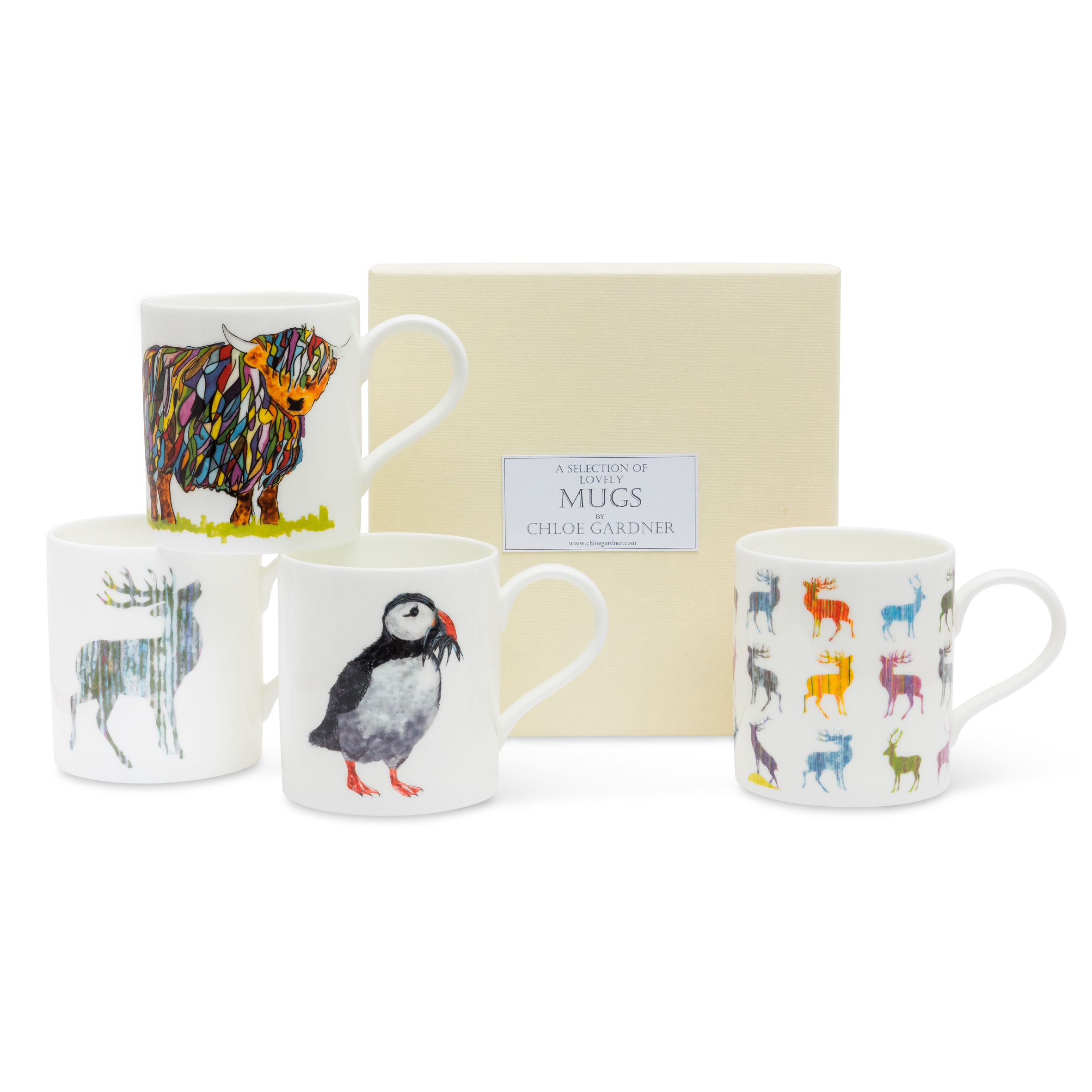 POP MUGS & COFFEE GIFT SET - FOUR Medium POP Mugs (Bright Highland Cow, Multistag, Puffin with Fish, Stag) with coffee  in a luxury gift box