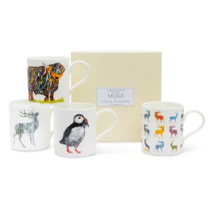 POP MUGS & COFFEE GIFT SET - FOUR Medium POP Mugs (Bright Highland Cow, Multistag, Puffin with Fish, Stag) with coffee  in a luxury gift box
