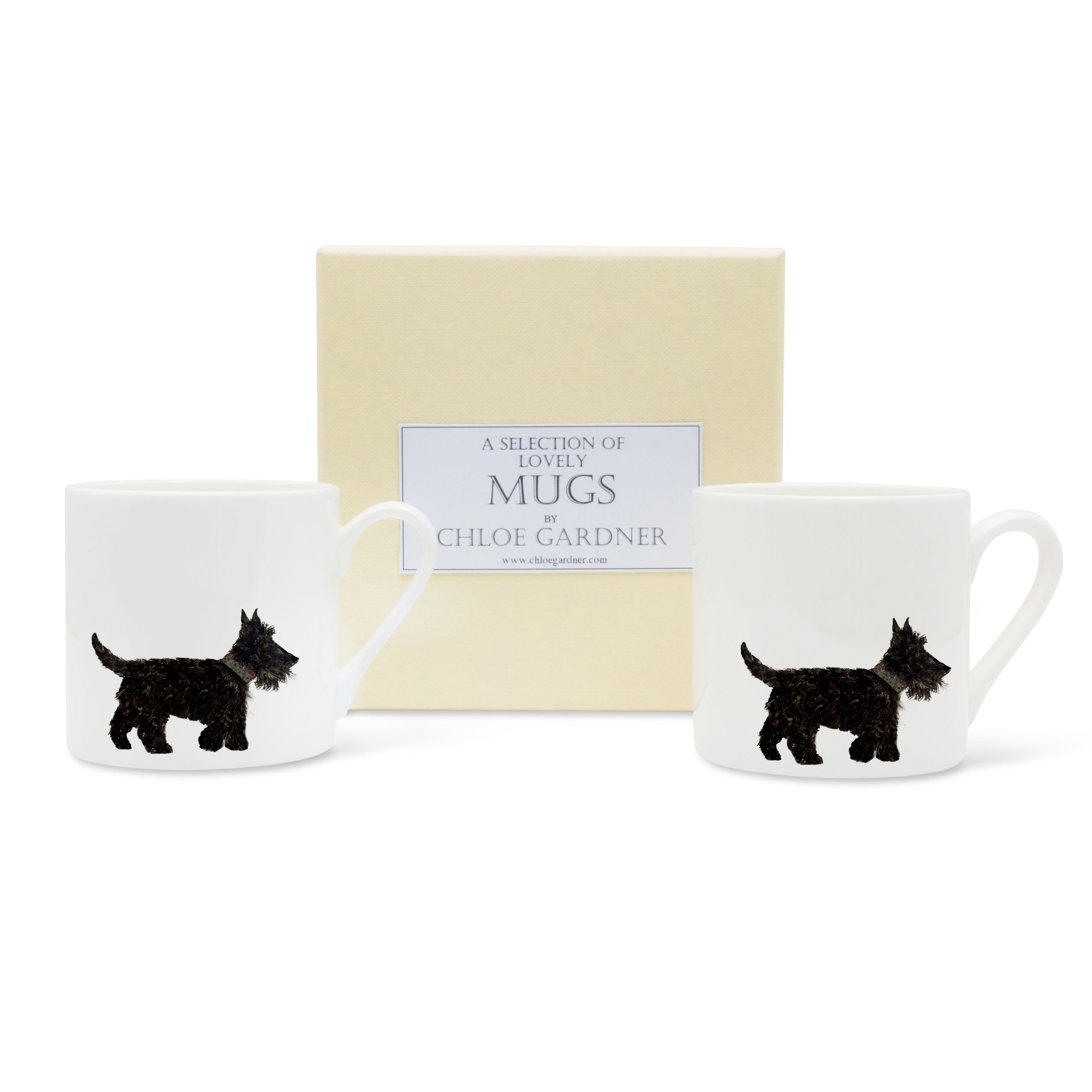 ESPRESSO MUGS GIFT SET - TWO Scottie dog Espresso Mugs with coffee in a luxury gift box