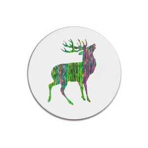 ON SALE - ROUND COASTER - Green and Pink Stag Facing Right