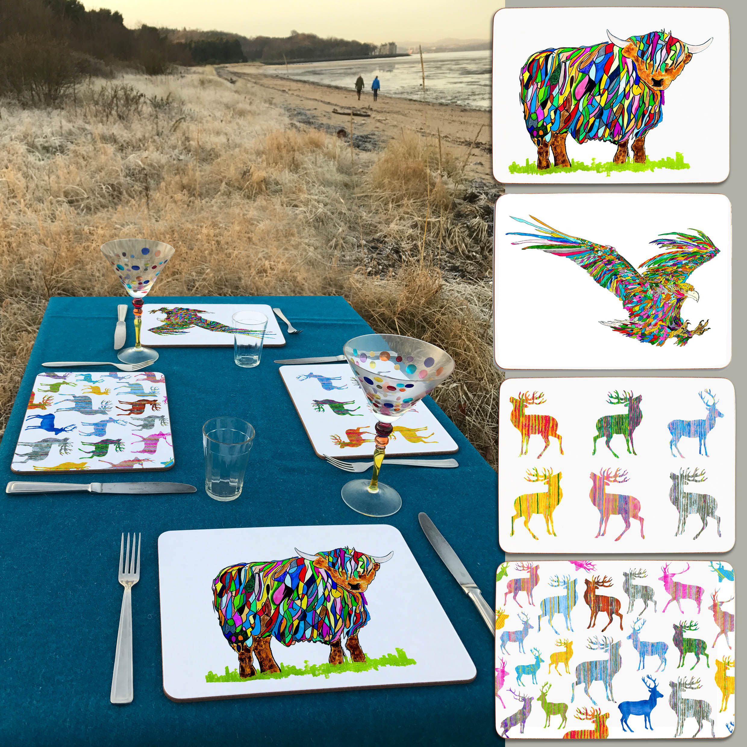 1MB Lifestyle shot in layers of colourful oblong mats BHC eagle and two stags tablemats