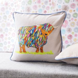 Bright Highland Cow Cushion in Grey by Chloe Gardner
