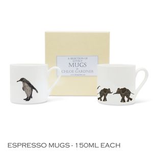 ESPRESSO MUGS & COFFEE GIFT SET- TWO espresso mugs (PENGUIN & ELEPHANT PARADE) with coffee in a luxury gift box