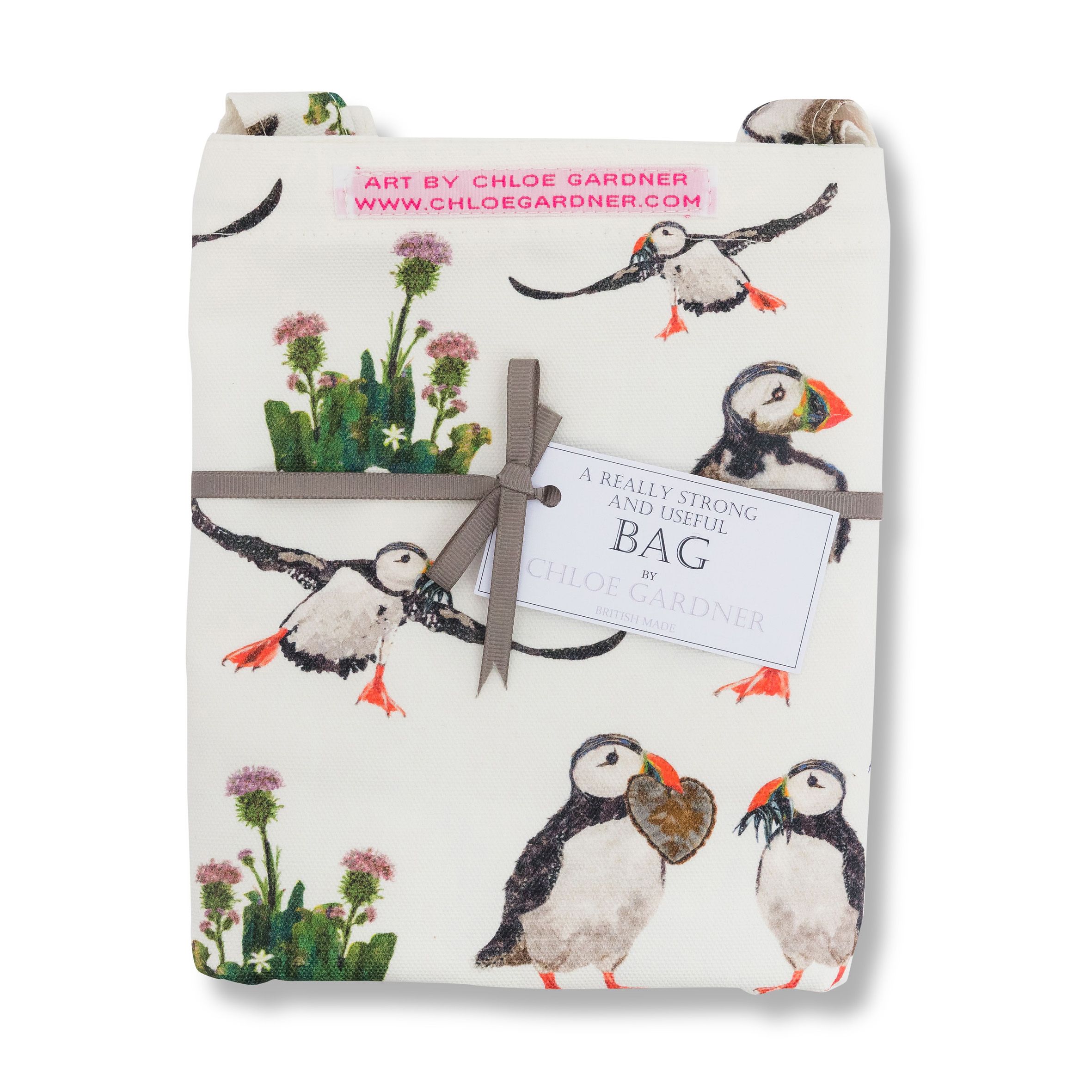 1MB Folded Puffin repeat bag with grey ribbon