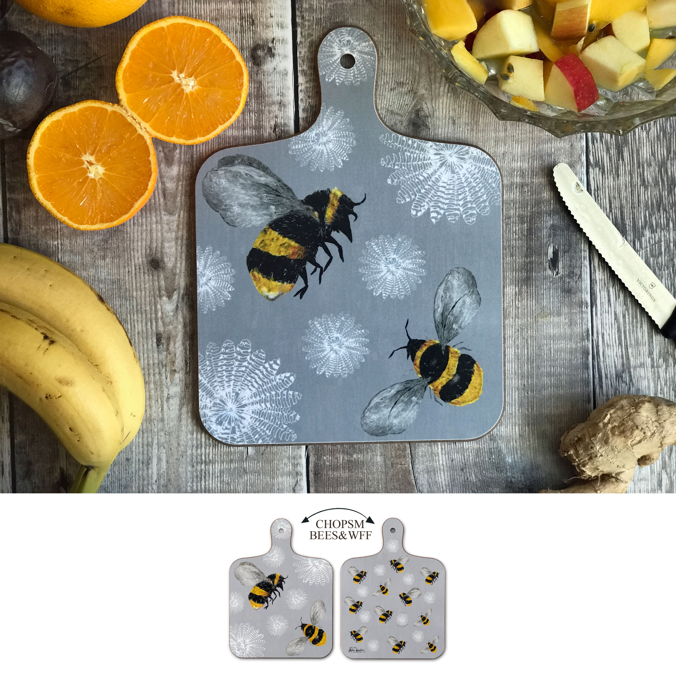 1MB Bee mini chopping board showing both sides