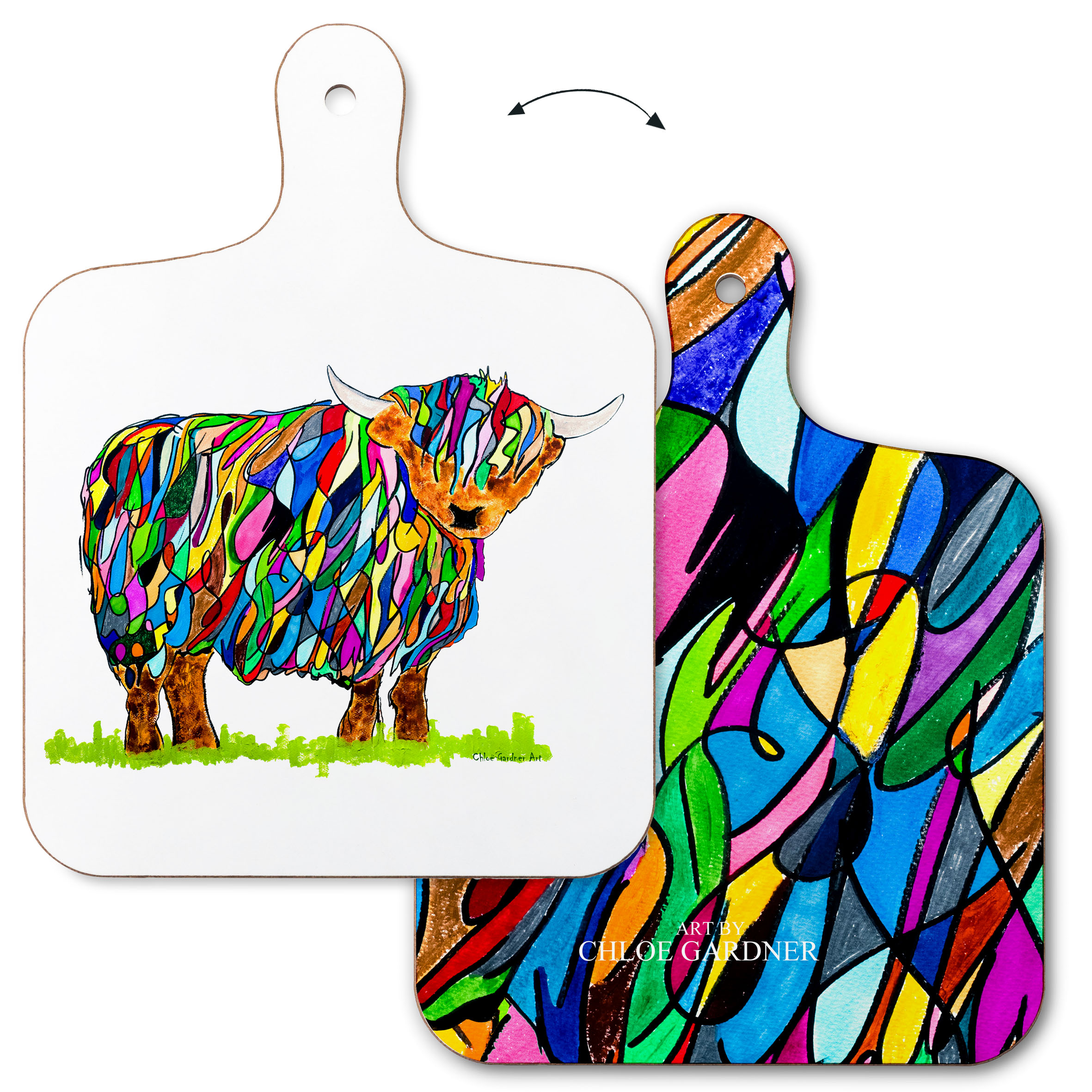 CHOPPING BOARD - SMALL- BRIGHT HIGHLAND COW ON WHITE