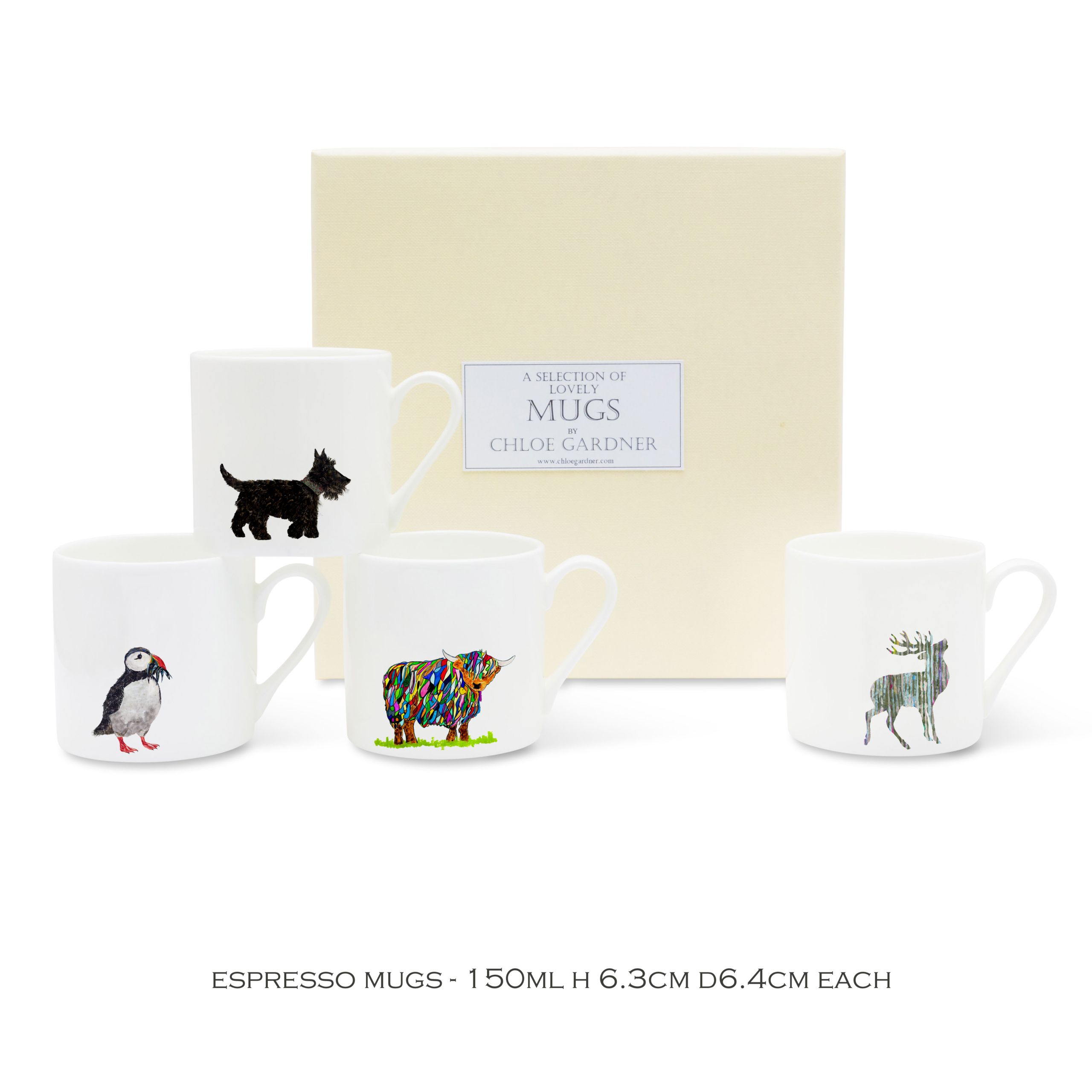 Espresso mugs & Coffee Gift Set - 4 Scottish designs (Colourful Highland Cow, Stag, Puffin, Scottie Dog) with coffee in a luxury gift box