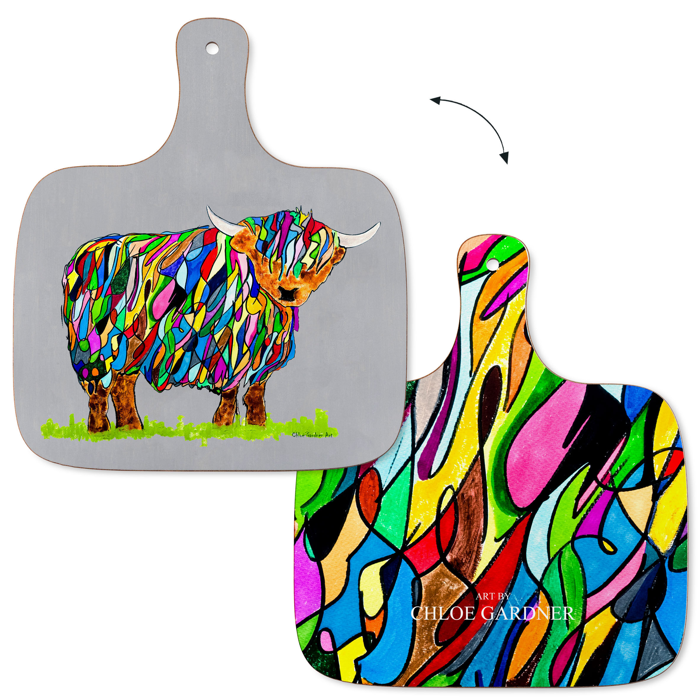 CHOPPING BOARD - MEDIUM- Bright Highland Cow on Grey