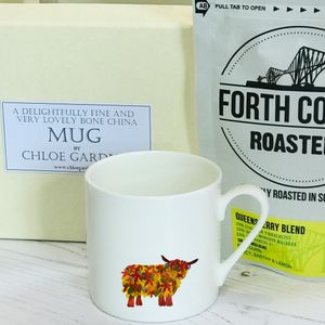Coffee Gift Set -Leaf Highland Cow Espresso Mug, with coffee in a lovely lined gift box