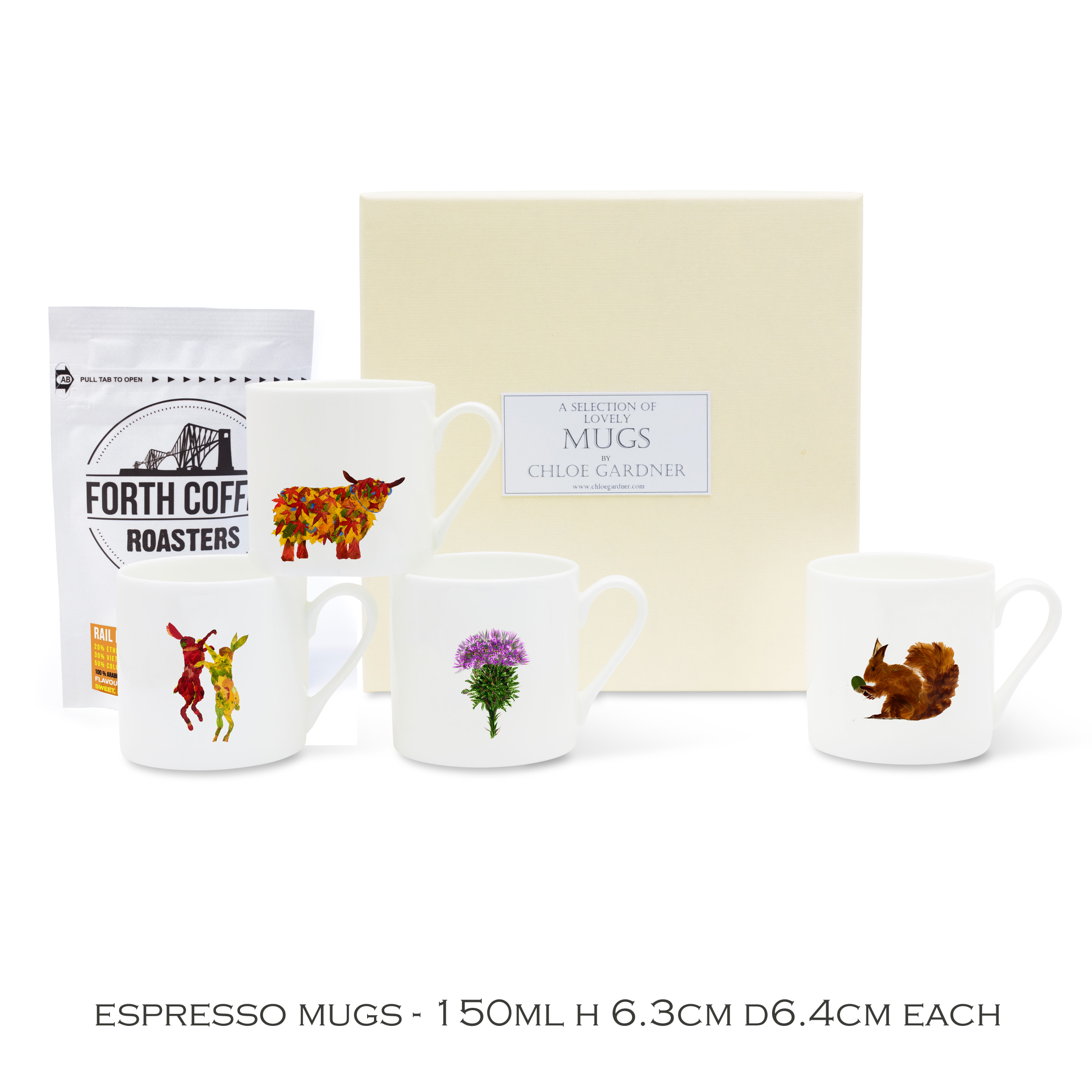 Coffee Gift Scottish Set 2 - 4 Espresso Cups (Leaf Highland Cow, Red Squirrel, Thistle, Boxing Hares) with coffee in a luxury gift box