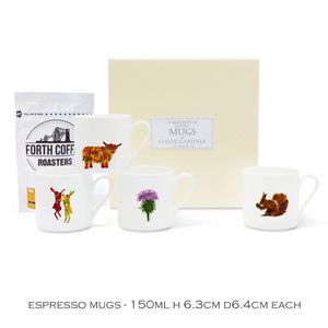 Coffee Gift Scottish Set 2 - 4 Espresso Cups (Leaf Highland Cow, Red Squirrel, Thistle, Boxing Hares) with coffee in a luxury gift box