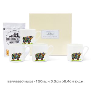 Coffee Gift Highland Cow Set - 4 Bright Highland Cows Espresso Cups with coffee in a luxury gift box