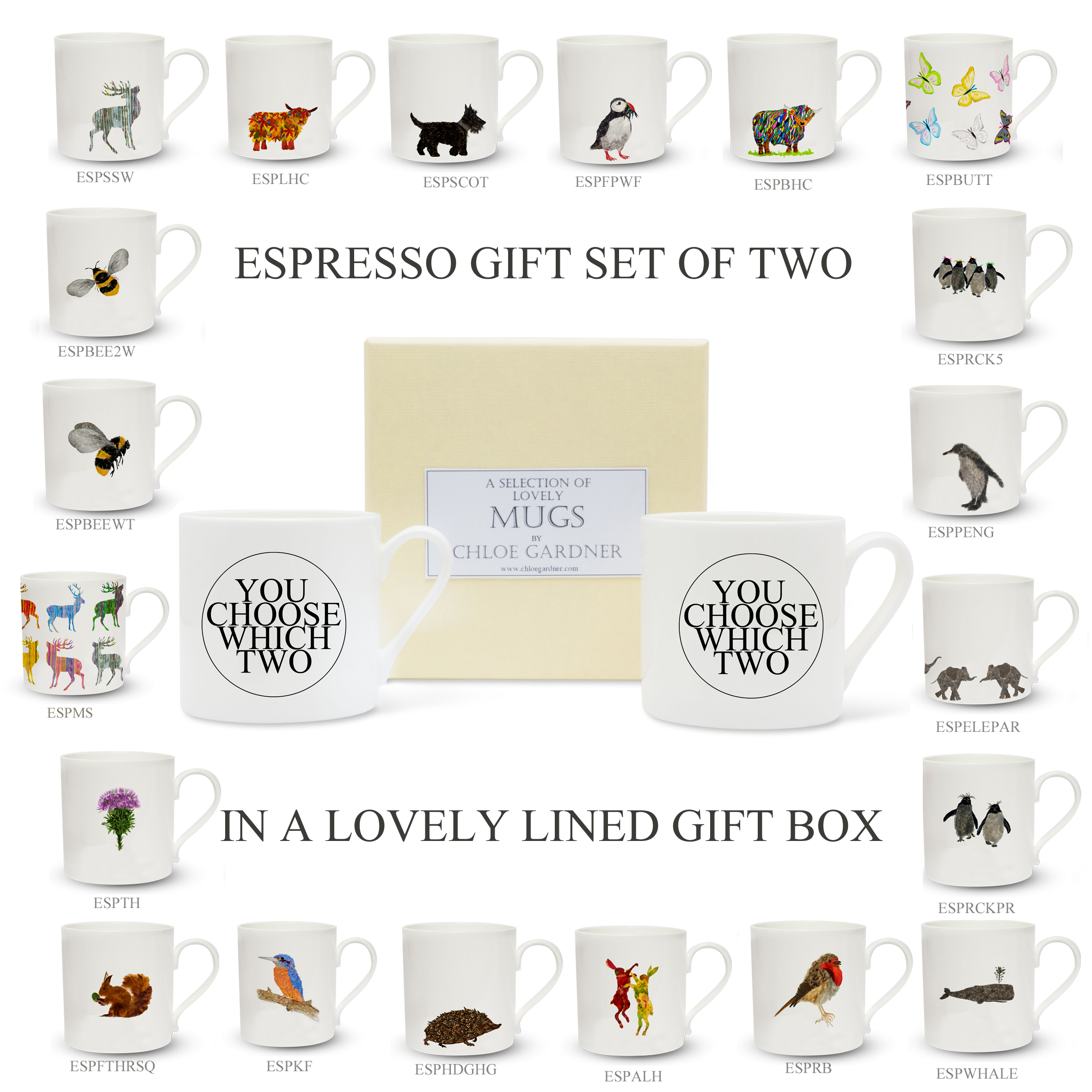 Espresso gift sets two mugs You choose with all mugs around edge