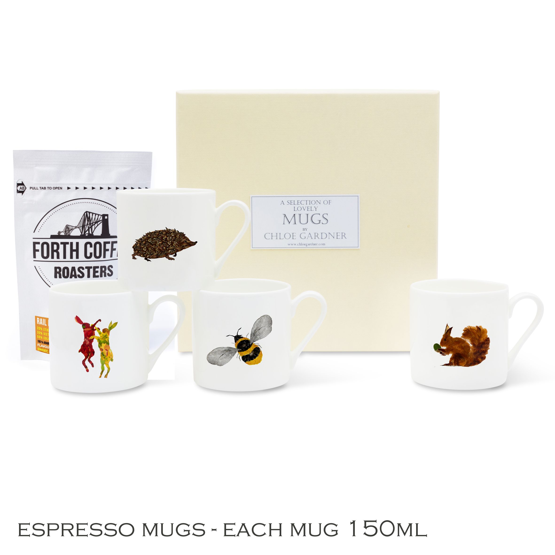 Espresso Mugs & Coffee Gift Set - 4 mugs (Hedgehog, Squirrel, Boxing hares, Bee flying) with coffee in a luxury gift box