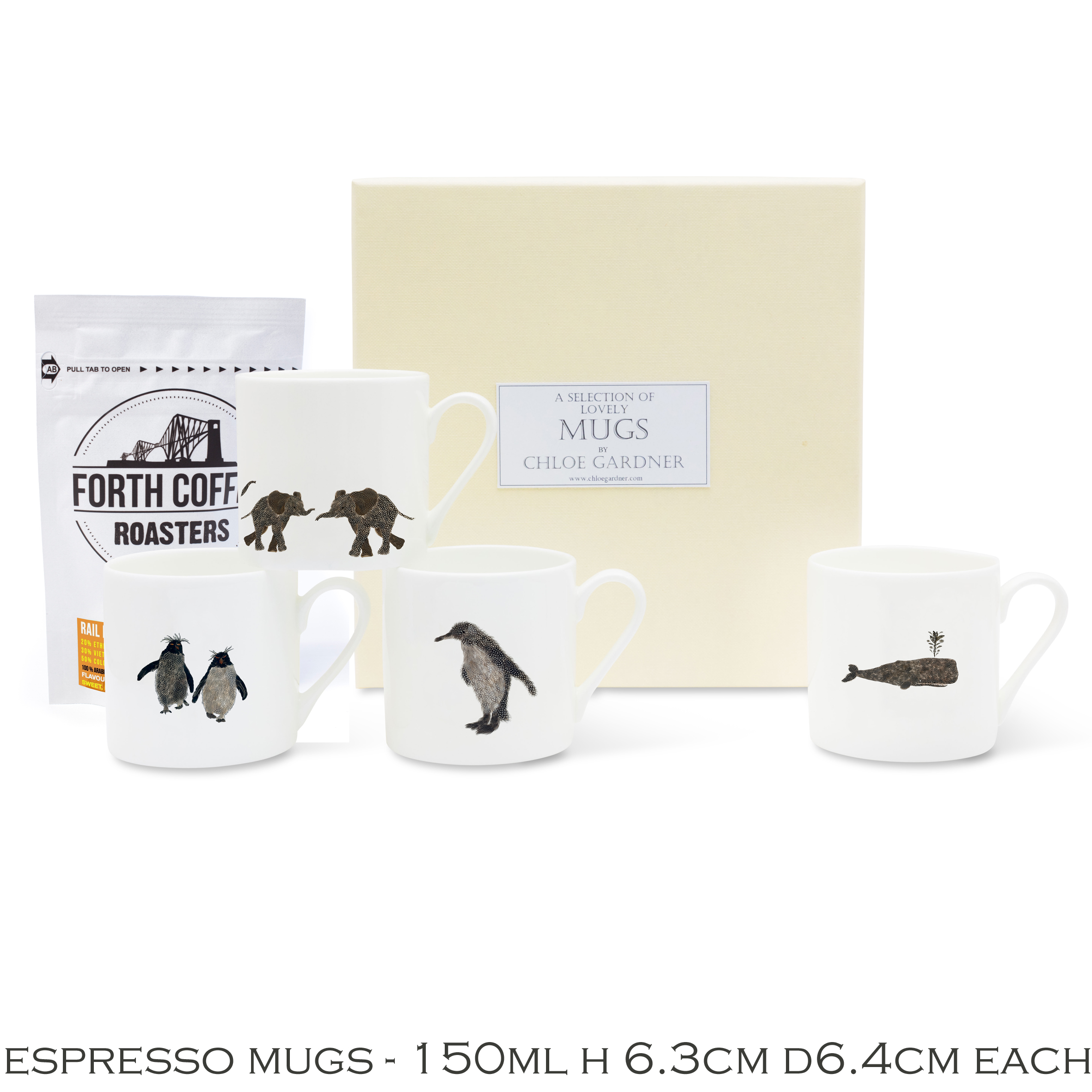 ESPRESSO MUGS & COFFEE Gift Set- feather designs - 4 Espresso Cups  (Whale, Rockhopper Pair, Penguin, Elephant Parade) with coffee in a luxury gift box