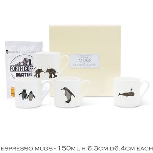 ESPRESSO MUGS & COFFEE Gift Set- feather designs - 4 Espresso Cups  (Whale, Rockhopper Pair, Penguin, Elephant Parade) with coffee in a luxury gift box